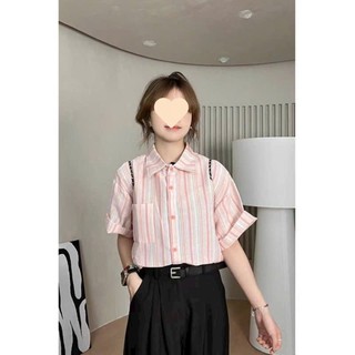 Áo Sơ Mi Nữ Vải Sọc Tay Ngắn Lỡ Chất Thổ Cẩm Cổ Bẻ Thích Hơp Đi Chơi Công Sở , Học Top Women Shirt