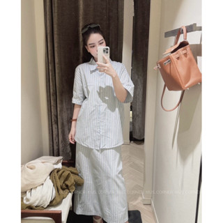  Set sơ mi cộc tay linner mềm kèm chân váy dài xuông xẻ tà sau Samhyewear 