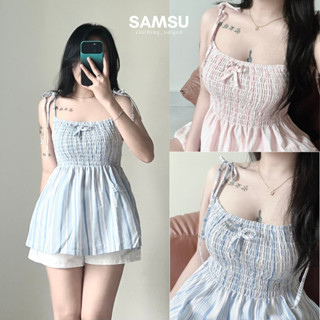 Áo babydoll nữ linen kẻ sọc 2 dây cột điều chỉnh đính nơ bo chun form rộng Samsu.clothing_saigon