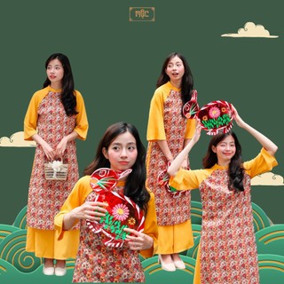 Set áo dài hoạ tiết hoa cúc nhiều màu phối lụa vàng SET840