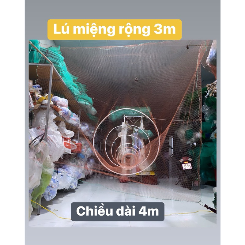 Lú miệng Nò đặt bắt tôm Bắt Cá, Dài 4m, Miệng rộng căng 3m, Cao 1m, Mắt lưới miệng 3p, mắt lưới đuôi