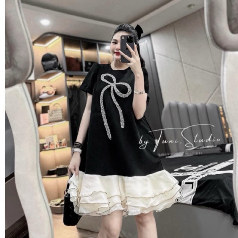 Váy Suông YT61, Đầm Suông Đính Nơ Phối Chân Voan Bồng 3 Lớp Chất Cotton Đẹp