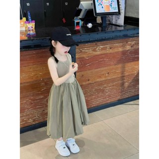 Đầm Cho Bé Gái, Váy Nâu Sát Nách Hở Lưng, Đầm 2 Dây Dáng Bồng Chữ A, Váy Bí Ngô Chất Thô Mềm Mịn Mát Cho Gái Từ 8-35kg