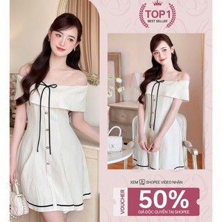 ZAMY SHOP - VÁY THIẾT KẾ TRỄ VAI XÔP CÚC TRÒN ĐÍNH NƠ NHẸ NHÀNG NỮ TÍNH