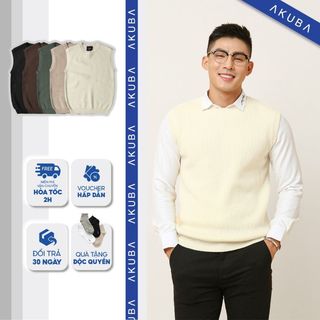 Áo gile nam len trơn AKUBA form regular, chất liệu len dệt kim 029057