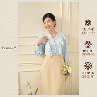 BEAUTEBYV - Áo sơmi nữ đáp bèo Ophelia kẻ xanh trắng thanh lịch nữ tính