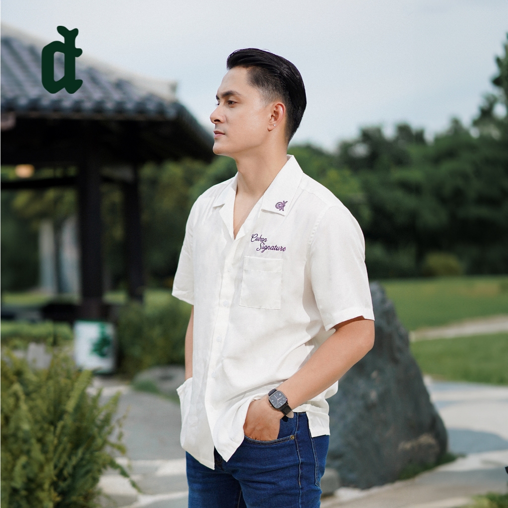 Áo sơ mi cộc tay Cuban Shirt nam trắng, vải lụa form rộng rãi thoải mái Umebay UMS395