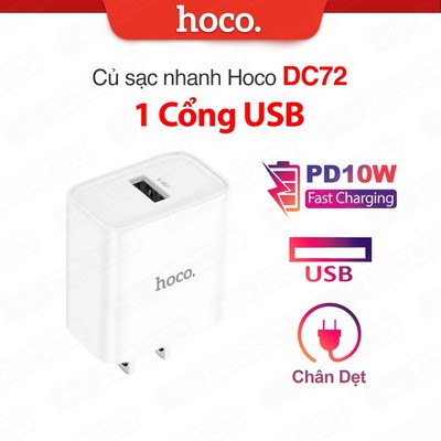 Củ sạc nhanh PD10W 1 cổng USB Hoco DC72 chất liệu PC chống cháy , chân dẹt