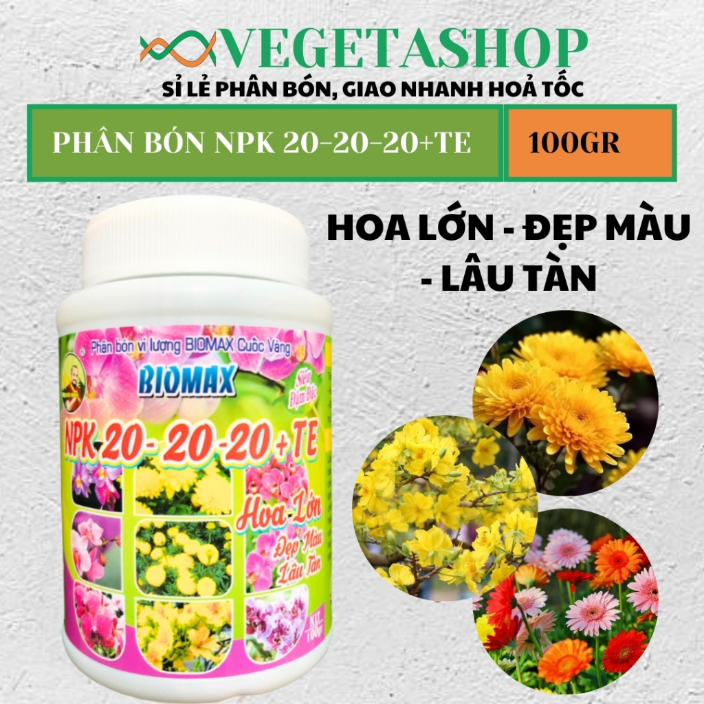 [ Rẻ ] PHÂN BÓN NPK 20-20-20 + Te 100gr -DƯỠNG HOA LÂU TÀN VEGETASHOP - Phân Bón Cuốc Vàng