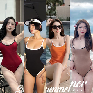 Bikini 1 mảnh liền 2 dây thun tăm đen viền trắng, be viền đen