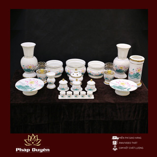 Đồ Thờ Sứ Trắng Cao Cấp Nhập Khẩu, Hoa Sen Hồng Lá Xanh gồm Bát hương, ly nước, mâm bồng, lọ hoa...