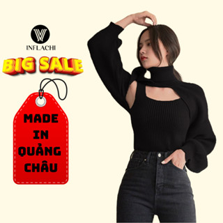 Set áo len tăm tay dài croptop cổ lọ khoét ngực INFLACHI kèm áo kiểu tay bồng kèm ba lỗ phong cách bánh bèo tiểu thư H-3