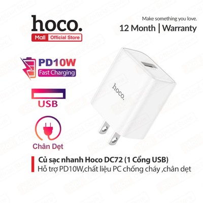 Củ sạc nhanh Hoco DC72 PD10W 1 cổng USB  chất liệu PC chống cháy , chân dẹt