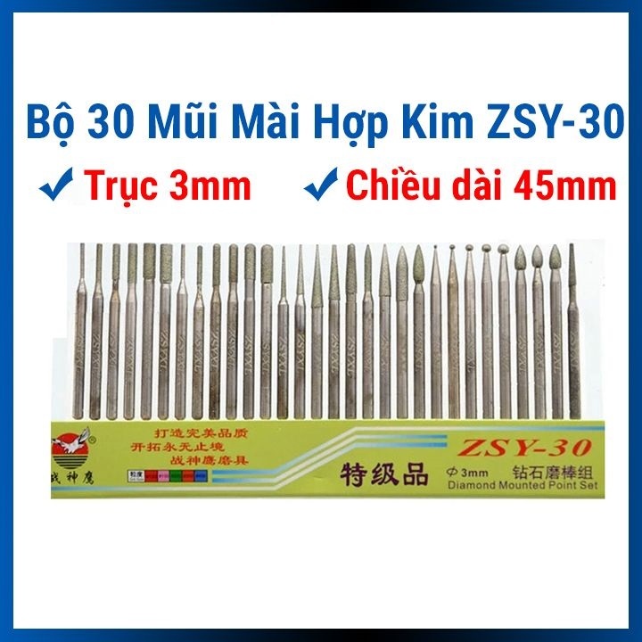 Bộ 30 mũi khoan mài đá độ mịn 150 mũi mài kim cương zsy trục 3mm mũi mài kính - mũi mài đá
