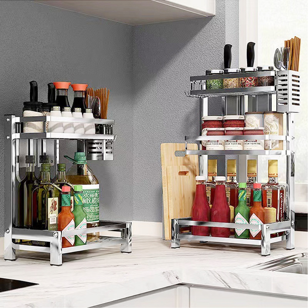 Kệ Gia Vị Inox 2 3 Tầng Nhà Bếp, Kệ Để Đồ Nhà Bếp Cắm Dao Kéo Có Ống Đũa Cài Thớt Đa Năng MKS006