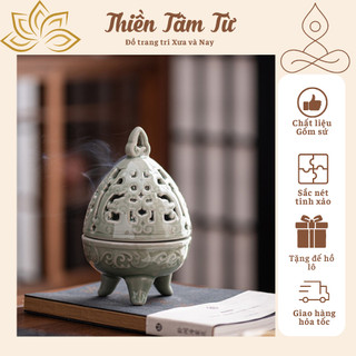 Lư gốm tráng men xông trầm,lư xông trầm,lư đốt trầm tặng đế hồ lô và miếng lót chốn cháy