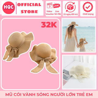Nón cói đi biển vành sóng nơ vàng