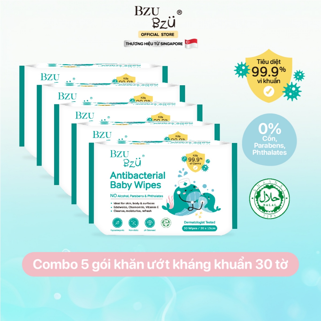 Combo 5 Khăn Ướt Kháng Khuẩn, Không Cồn, Không Parabens An Toàn Cho Mẹ và Bé BZU BZU Anti-Bacterial Baby Wipes Gói 30 Tờ