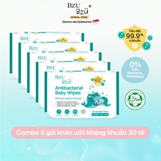 Combo 5 Khăn Ướt Kháng Khuẩn, Không Cồn, Không Parabens An Toàn Cho Mẹ và Bé BZU BZU Anti-Bacterial Baby Wipes Gói 30 Tờ