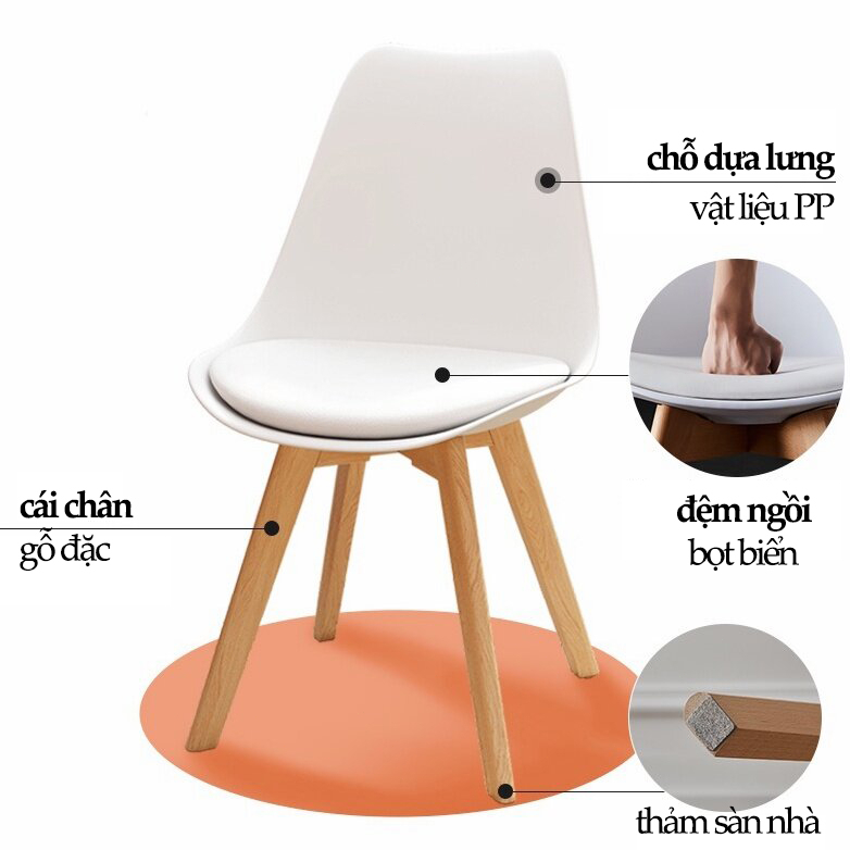 PlasLiving Ghế ăn Ghế nhựa Ghế bàn ăn tựa lưng nhựa chân gỗ tự nhiên đệm ngồi êm phong cách Bắc Âu | BigBuy360 - bigbuy360.vn