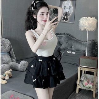 Set áo thun 2 dây đính kèm gấu mix chân váy ngắn xòe tầng đính nơ 2 màu dễ thương mtb