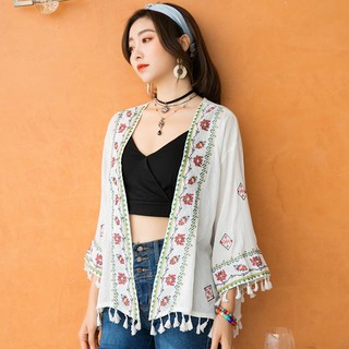 (sẵn) Áo khoác đi biển, khoác Kimono, áo boho hoạ tiết thêu viền