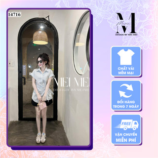 Set áo sơ mi kẻ xanh cách điệu eo thắt nơ kèm quần short đen phong cách trẻ trung Meistore ST14716