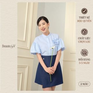 BEAUTEBYV - Áo sơmi nữ vai trễ có hoa trang trí Cora 2 màu xanh trắng thanh lịch nữ tính
