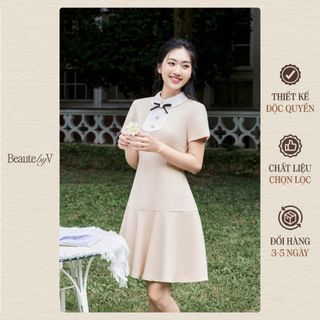 BEAUTEBYV -  Váy nữ phối lưới dáng đuôi cá Vivian cộc tay xước hàn có lót màu be ánh hồng thanh lịch