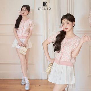 Áo len cardigan mỏng cổ tròn ngắn tay cúc ngọc họa tiết kẻ ô màu hồng tiểu thư ALC03 dáng ngắn form ôm hàng len DELIZ