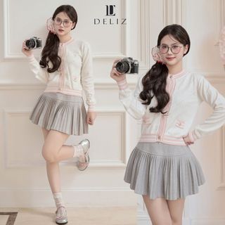Áo cardigan len mỏng cho nữ dài tay cổ tròn phối túi họa tiết viền hồng kẻ sọc trám len lông thỏ mềm hàng thu đông DELIZ