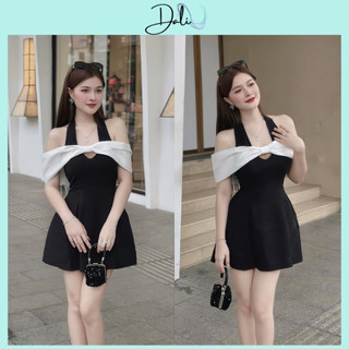 Đầm Dự Tiệc Cổ Yếm Phối Vai Nơ Trắng, Váy Nữ Thiết Kế Sang Chảnh