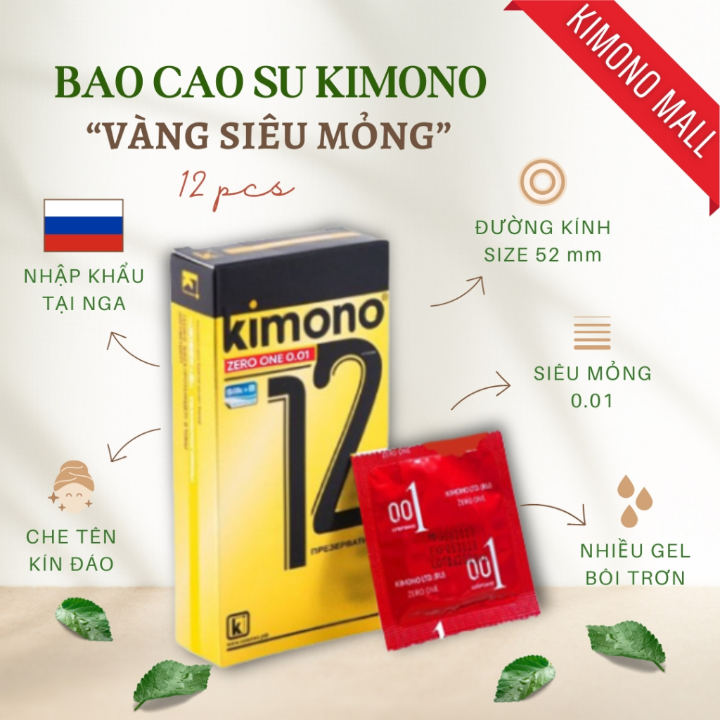 Bao cao su Kimono siêu mỏng 0.01 mm màu vàng Gold chứa vitamin B cấp ẩm bôi trơn  - Hộp 3&12 BCS