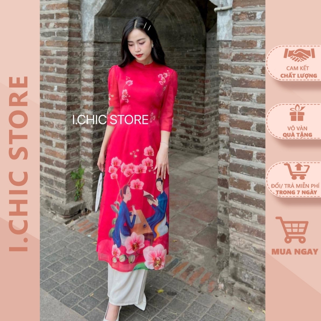 Áo Dài Cách Tân Dáng Ôm Tân Xuân Hoa Lan Đỏ Dáng Ôm Nhẹ Nhàng 4 Tà Cao Cấp ICHIC
