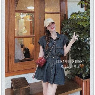 Set bộ áo sơ mi jean tay hến phối túi hộp kèm chân váy xòe VIENS STORE