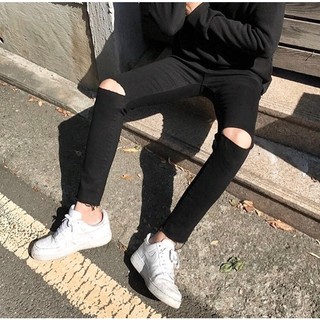 [Tiền Nào Của Đấy]Quần Jean Nam Rách Gối Màu Đen Vải Co Giãn, Không Phai Màu Dáng Skinny Phong Cách Hàn Quốc