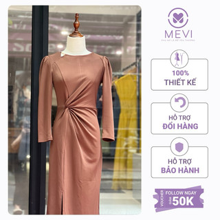 Đầm nâu dáng suông cổ cách điệu xoắn eo Mái Em _V8213