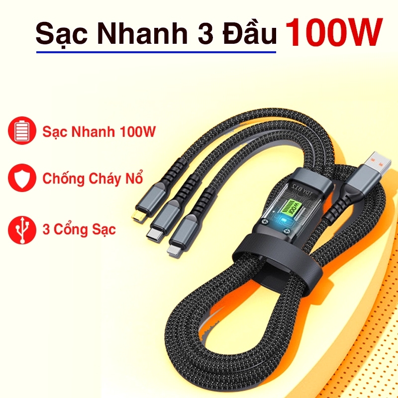 Dây Sạc Tự Ngắt - Dây Cáp Sạc Dữ Liệu Sạc Nhanh 100W Micro USB Type C 3 Trong 1 6A | BigBuy360 - bigbuy360.vn