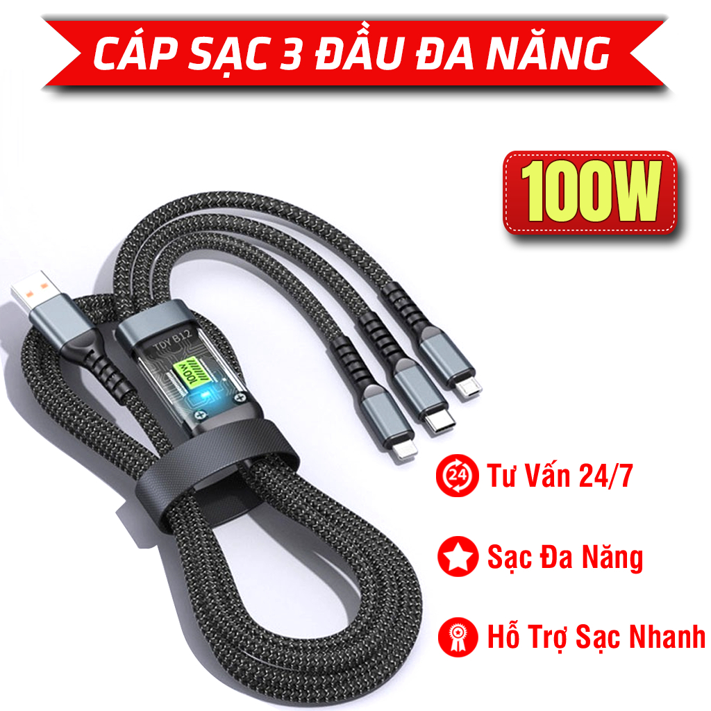 Dây Sạc Tự Ngắt - Dây Cáp Sạc Dữ Liệu Sạc Nhanh 100W Micro USB Type C 3 Trong 1 6A | BigBuy360 - bigbuy360.vn