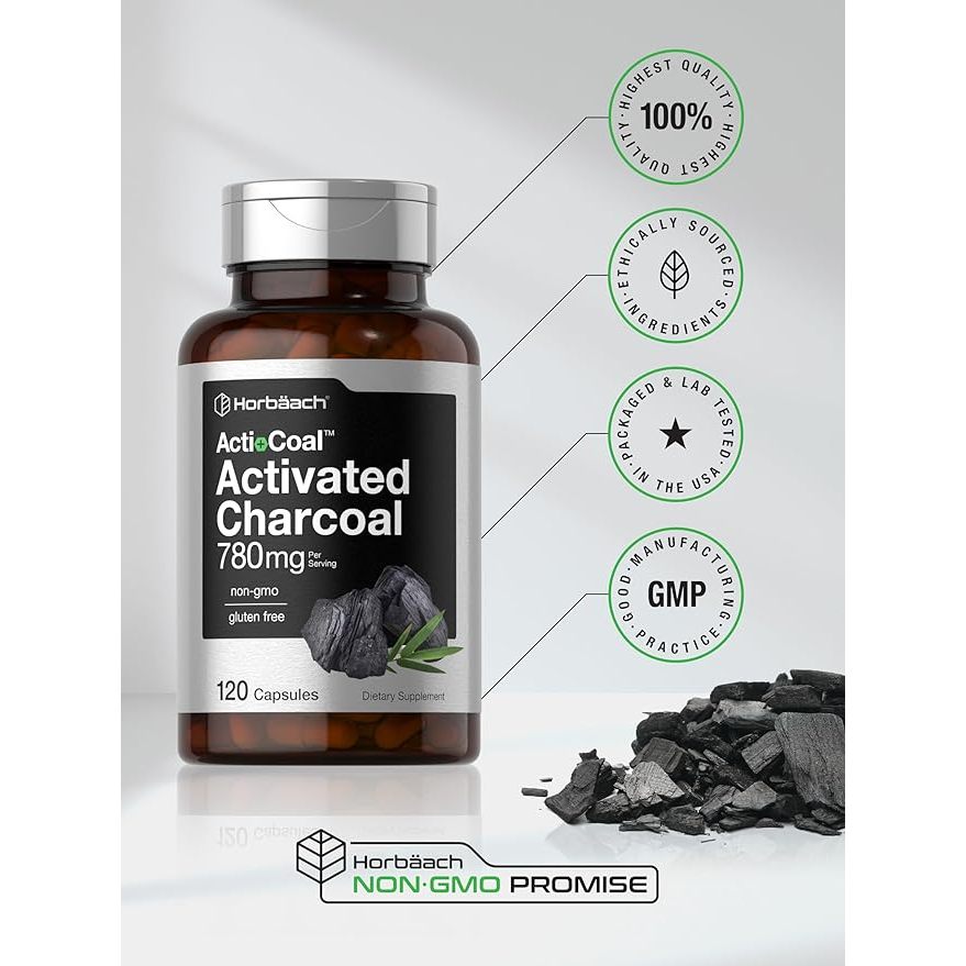 Horbaach Activated Charcoal 780mg - Viên nang than hoạt tính hỗ trợ giải độc và hệ tiêu hóa 120 viên