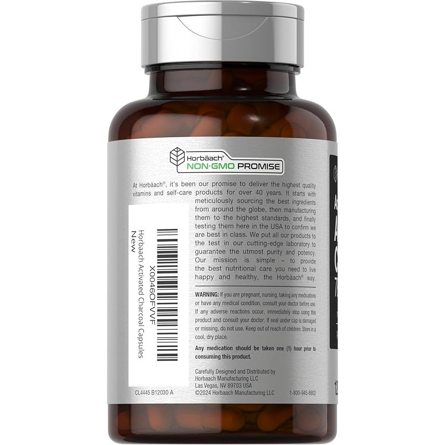 Horbaach Activated Charcoal 780mg - Viên nang than hoạt tính hỗ trợ giải độc và hệ tiêu hóa 120 viên
