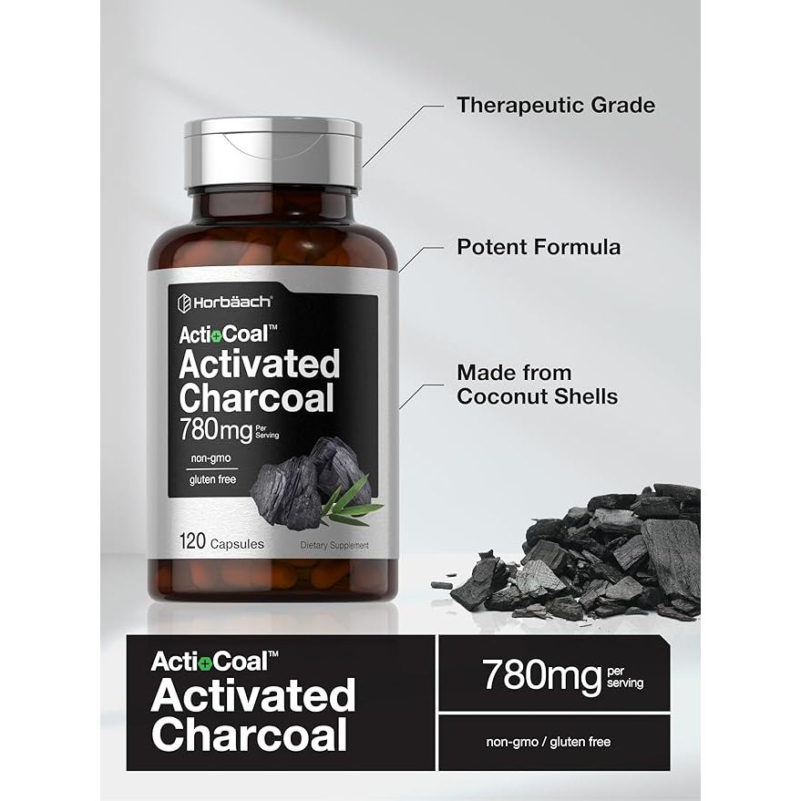 Horbaach Activated Charcoal 780mg - Viên nang than hoạt tính hỗ trợ giải độc và hệ tiêu hóa 120 viên