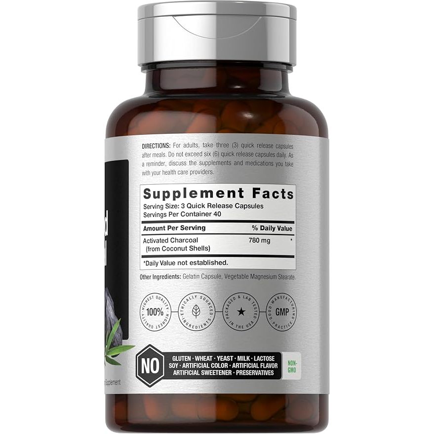 Horbaach Activated Charcoal 780mg - Viên nang than hoạt tính hỗ trợ giải độc và hệ tiêu hóa 120 viên