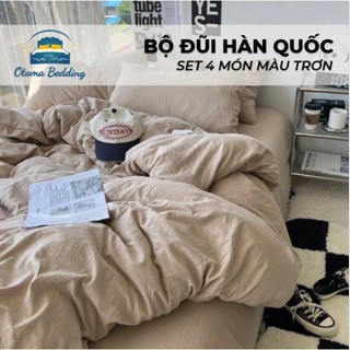 Bộ vỏ chăn ga gối 4 món cotton đũi trơn màu pastel phong cách Hàn Quốc, bộ drap mền basic decor phòng ngủ Otama Bedding