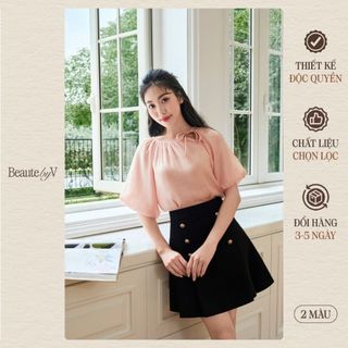 BEAUTEBYV - Áo nữ vai raglang nhún lệch Jena vải tằm thái có lót 2 màu trắng hồng pastel thanh lịch