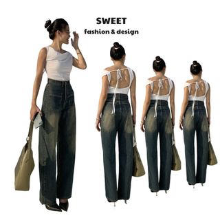 Quần jean ống suông lưng cao cạp cao basic đơn giản