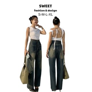 Quần jean nữ SWEET STUDIO  ống suông lưng cao cạp cao basic đơn giản dành cho nữ