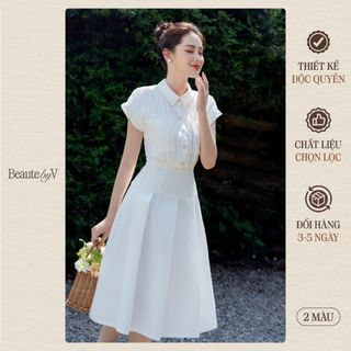 BEAUTEBYV - Váy liền dáng dài vạt xếp ly bản to phối cổ đức vai chờm ốp túi ngực trang trí Celina