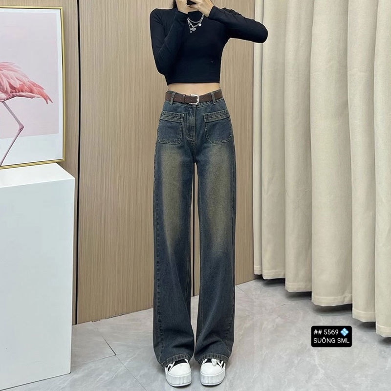Quần jean nữ SWEET STUDIO  ống suông lưng cao cạp cao basic đơn giản dành cho nữ