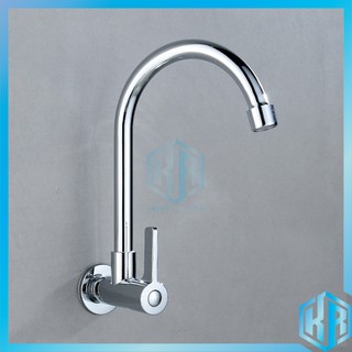 Vòi Rửa Bát Gắn Tường 1 Đường Nước Lạnh Inox Bóng Cần Cứng Cổ Bi Dành Cho Bồn Rửa Kép - Phi 21